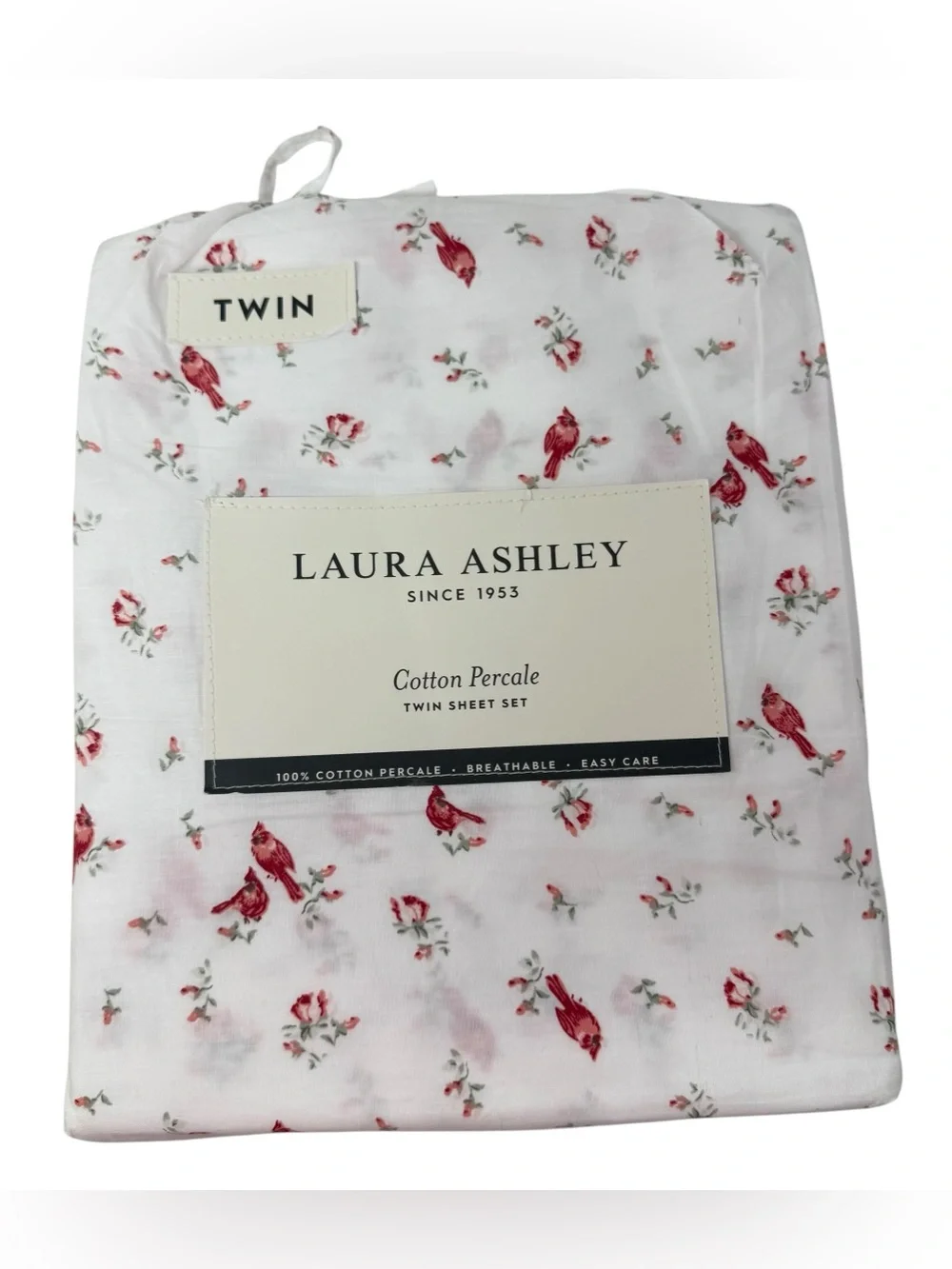 Laura Ashley Twin Sheet Set Cotton Percale Red Cardinal Floral White NEW